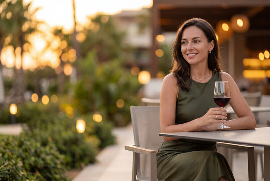 Smiling brunette woman enjoying a glass of red wine at luxury resort terrace restaurant at sunset, relaxed vacation evening dining with warm bokeh lights