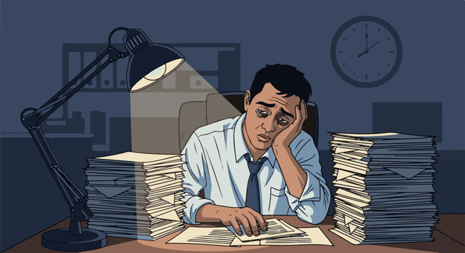 Tired office worker at desk with piles of paper and lamp
