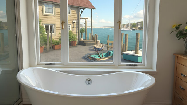 Small harbor scene inside a bathtub corner