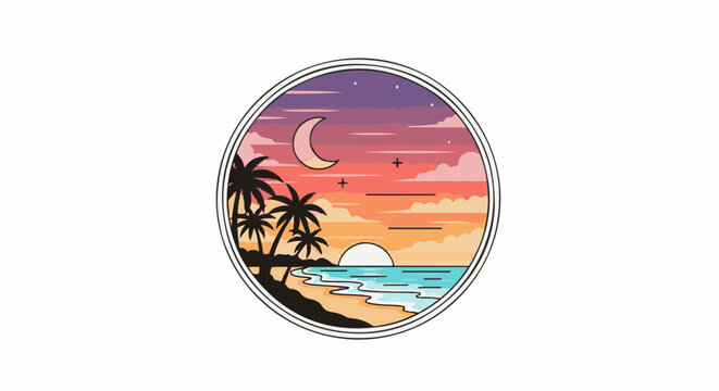 Tropical sunset with crescent moon over ocean and palm trees