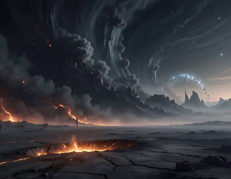Dark Alien Landscape with Fiery Craters and Cosmic Storm Clouds under Starry Sky.