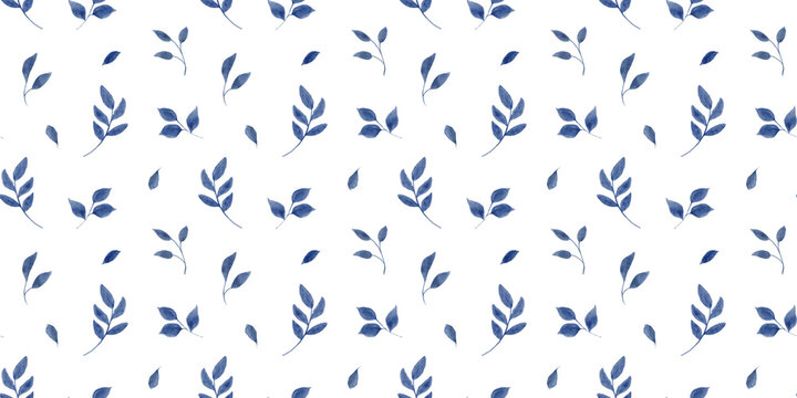 Watercolor seamless blue floral pattern with leaves on isolated background. Hand drawn ditsy print for spring textiles, vintage wallpaper, and fabric designs