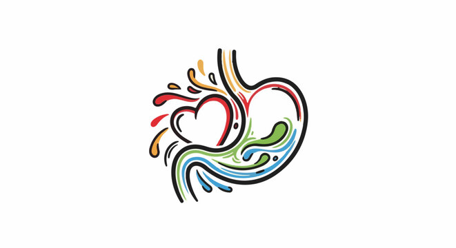 Stylized stomach with a heart and colorful organic shapes
