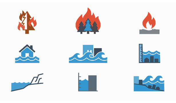 Minimal ecology disaster icons vector fire flood water climate change set