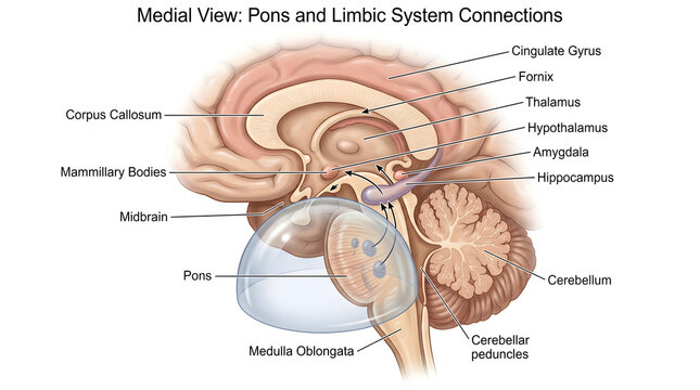 Medial view of pons and limbic system connections illustrating corpus callosum, cingulate gyrus, thalamus, hypothalamus, hippocampus, amygdala and mammillary bodies linked to midbrain, pons, medulla o