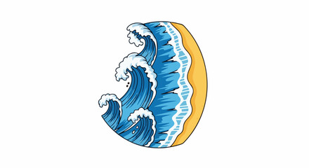 Obraz premium Stylized waves crash onto a sandy shore within a circular frame