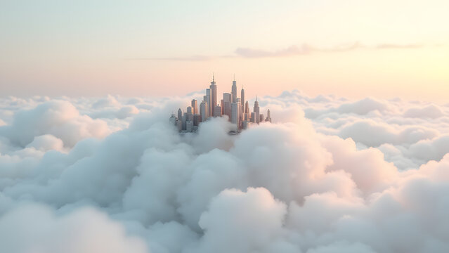 Mini city floating on clouds above a soft fabric sky