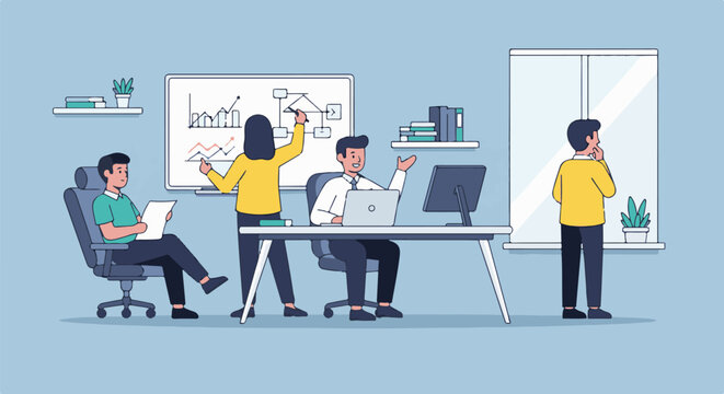 Team working in an office, presenting plans on a whiteboard
