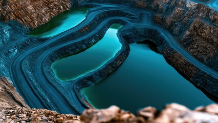 Fototapeta premium Captivating Aerial View Reveals the Striking Turquoise Waters and Terraced Roads of a Deep Quarry