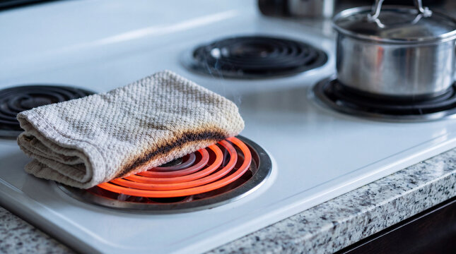 Burnt towel smoking on a red hot electric stove burner. Dangerous kitchen situation causing potential household fire. Household accidental hazard concept for fire safety prevention.
