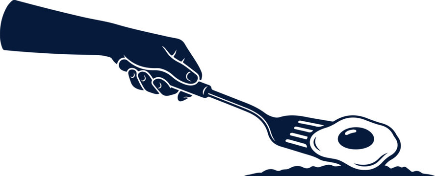 Hand with spatula flipping fried egg in pan, kitchen utensil cooking breakfast, food preparation illustration.