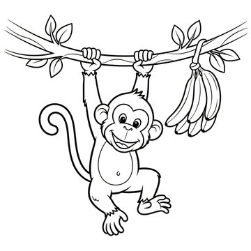 Cute cartoon monkey hanging from a tree branch with a bunch of fresh yellow bananas for a fun jungle animal coloring page activity for kids and toddlers to enjoy