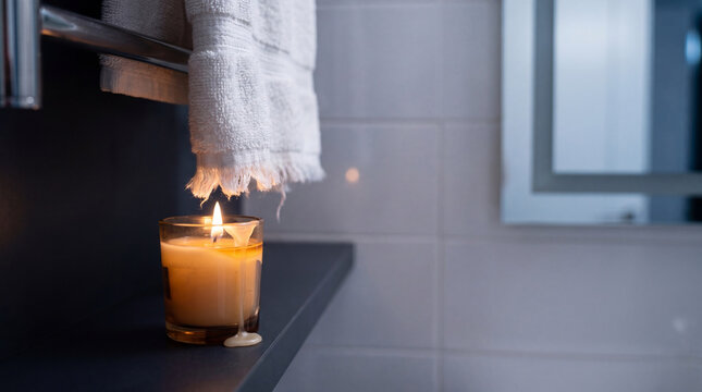 Burning candle near hanging towel in bathroom. Fire hazard risk due to proximity of flammable fabric. Concept of home safety, domestic accident prevention and fire awareness.