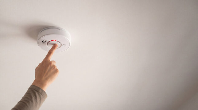 Woman testing smoke detector on ceiling. Finger pressing button on fire alarm device. Home safety and domestic prevention maintenance. Security system equipment check for fire protection.