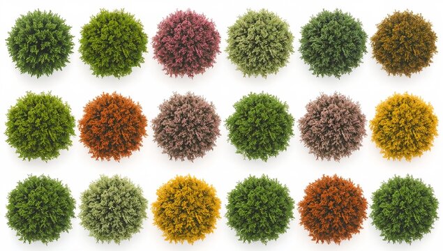 A colorful collection of meticulously arranged topiaries displayed in rows. Each topiary showcases a unique hue, creating a captivating visual effect.