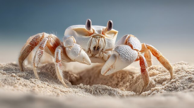 Macro View of a White Ghost Crab on a Sandy Summer Beach