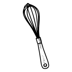 Naklejka premium Kitchen whisk. Hand drawn vector sketch. An object for manually stirring ingredients during cooking. Chef equipment. Line art graphic illustration.