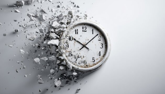 Time Flies As Traditional Clock On White Concrete Shatters Into Fragments And Drifts Apart. Fascinating Display Of Disintegration.