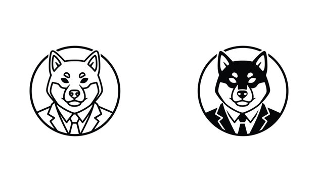 Shiba Inu dog wearing business suit in circular frame outline and solid black silhouette styles for corporate mascot