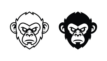 Angry monkey head mascot logo icon set with aggressive expression in both outline and solid black vector styles for sports branding and character design isolated on white © Canvas