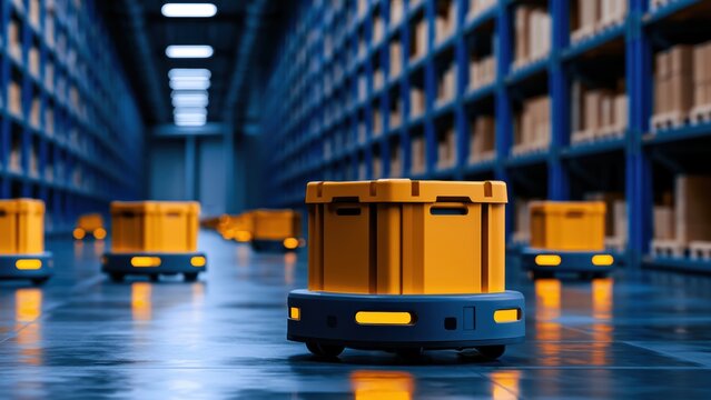 Intelligent autonomous robots efficiently manage inventory within a vast, high tech industrial storage facility.