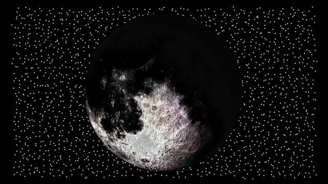 Moon animation with craters and starry sky. Moon abstract planetary visualization in space. Moon celestial astronomy background graphic on black background for science.
