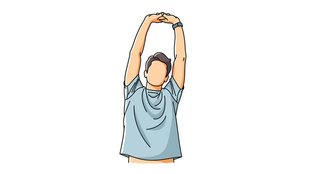 Vector illustration of a young man stretching his arms overhead isolated on white background.