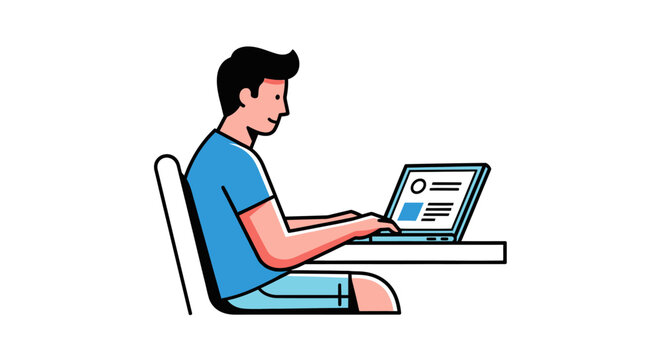 Man using laptop at desk in minimalist vector illustration style