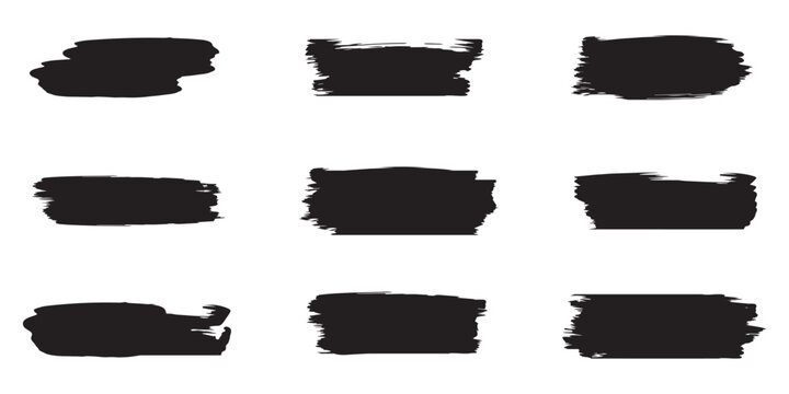 Black grunge brush stroke set. Thick ink paint banner blocks and redacted text bars. Vector design.