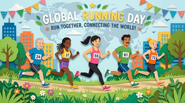 Diverse group of people running in a global event illustration with world map paper art diversity activity movement exercise marathon outdoors