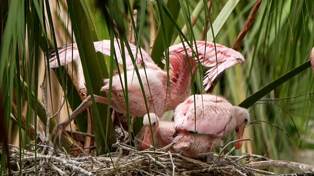 Roseate spoonbill chick stretches and tests its wings
