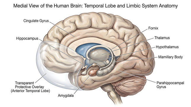Medial view of the human brain temporal lobe and limbic system anatomy showing hippocampus, amygdala, parahippocampal gyrus, fornix, thalamus, hypothalamus, mammillary bodies and cingulate gyrus benea
