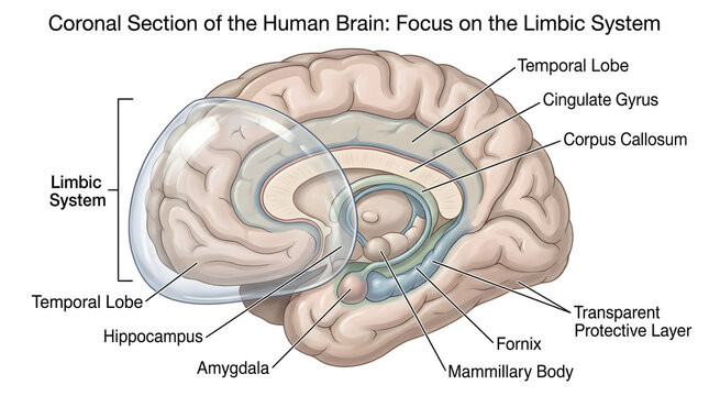 Coronal section of the human brain focused on the limbic system, showing temporal lobes, hippocampus, amygdala, fornix, mammillary bodies and cingulate gyrus arranged around the inner core beneath a t