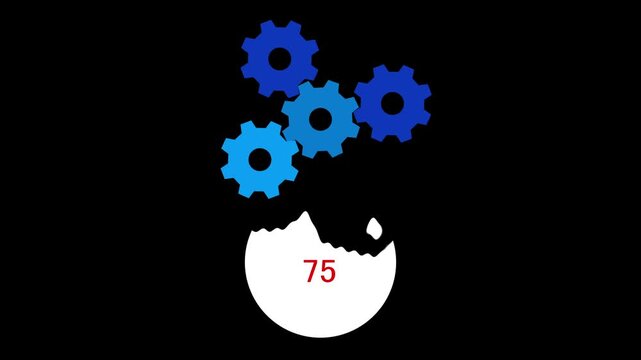 Gear icon animation with four blue cogs. Gear icon technical industrial process. Gear icon digital technology graphic on black background for management systems.