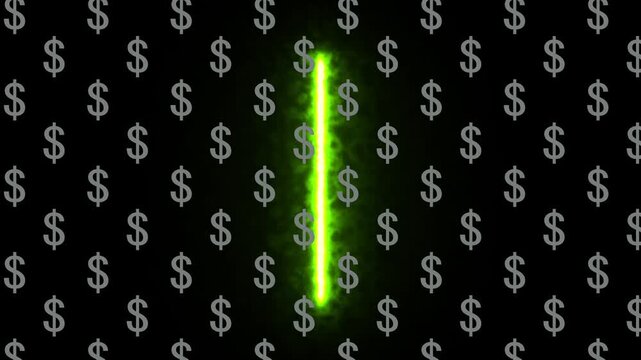 Dollar sign animation with neon green glow. Dollar sign financial money and finance. Dollar sign digital currency graphic on black background for market statistics.