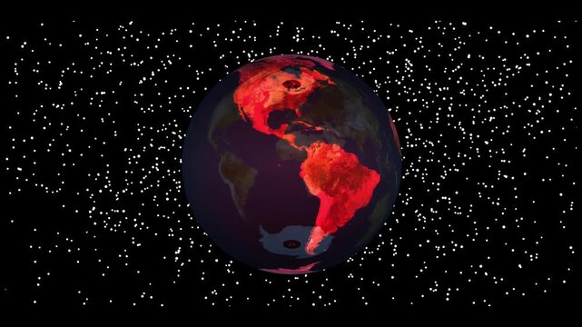 Earth globe animation with red continents. Earth globe global network and starry sky. Earth globe international communication and technology graphic on black background.