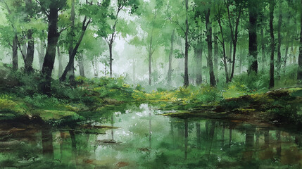 Fototapeta premium Refreshing Forest Landscape After Rain with Misty Green Nature