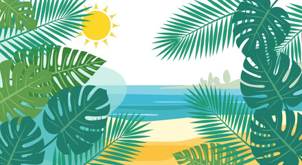 Summer tropical beach landscape background with exotic palm leaves and monstera in flat design style © MA studio