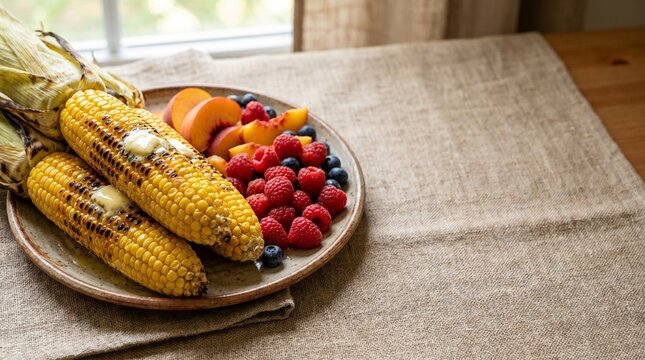 Grilled Corn on the Cob Zea mays with Melting Butter Served with Fresh Raspberries Blueberries and Peach Slices on Rustic Plate, Summer Picnic and Healthy Seasonal Food Concept