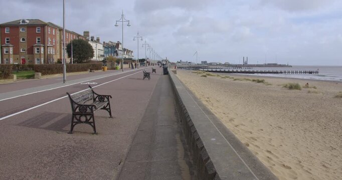 wide shot looking down Lowestoft sea front to Waveney Dock,