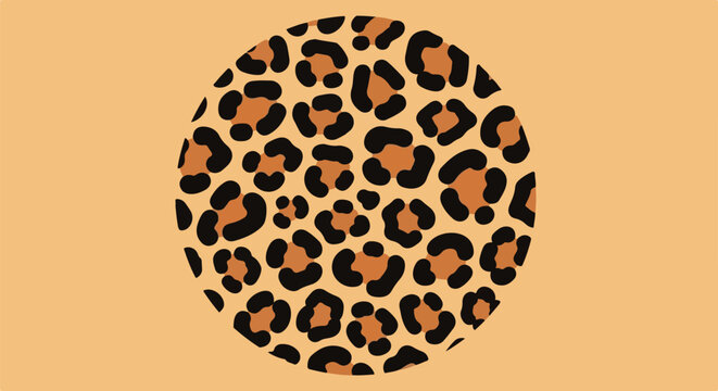 A close-up circular pattern of animal spots in brown, black, and tan against a plain peach background