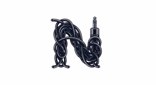 A black cable twisted into the shape of the letter N with a jack connector at the end