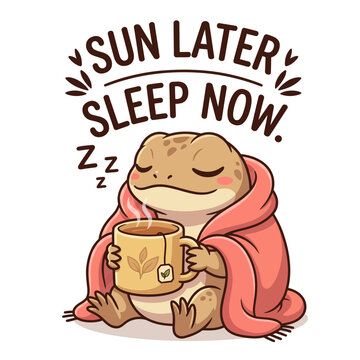 Sleepy Frog in Pink Blanket Holding Mug.