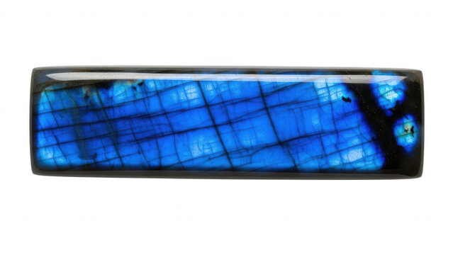 Rectangular polished labradorite gemstone with vibrant blue iridescence and dark internal fractures isolated on a solid black background