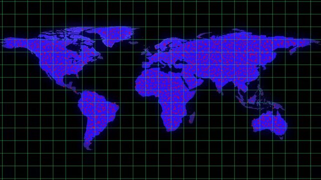 World map animation with glowing blue continents. World map red triangle markers on grid. World map digital network communication graphic on black background for tech.
