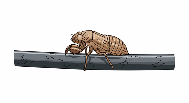 A brown insect shell with prominent legs and claws rests on a gray, cracked bar