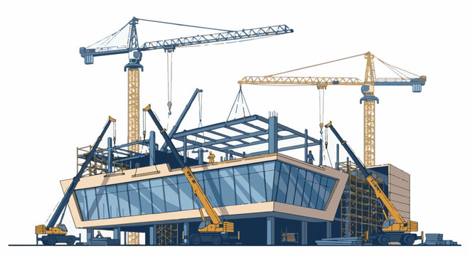 A construction site with multiple cranes building a modern structure
