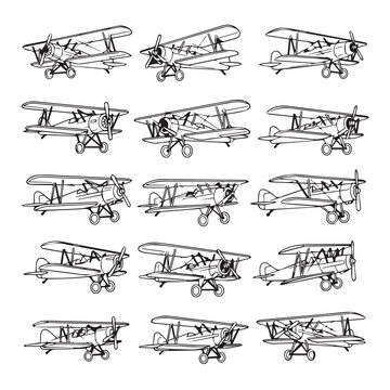 Vintage Biplane Aircraft Collection with Propellers and Wheels in Line Art Style