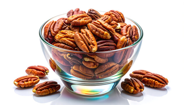 Heap of shelled pecan nuts in a clear glass bowl with scattered nuts around, healthy food, natural snack, isolated on white