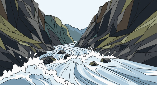 A cascading river flows between steep, angular rock formations under a pale sky